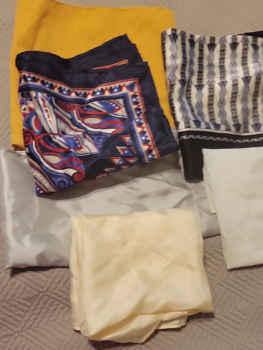 5 Bundle Assorted Silk Pocket Squares- Navy Multicolor, Mustard, Cream, Gray